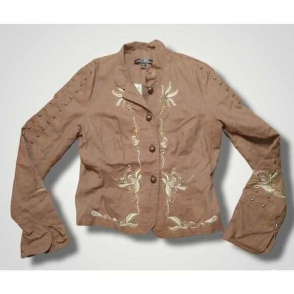 True Meaning Linen Blend Floral Embroidered Jacket Tan Size Small - Picture 1 of 7